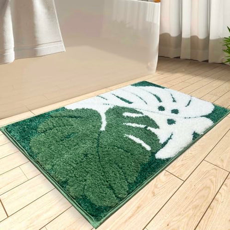 Amazon Brand - Solimo Microfiber 2000 GSM Twin Leaves Bath Mat | Anti-Skid | 40x60 cm (Green)