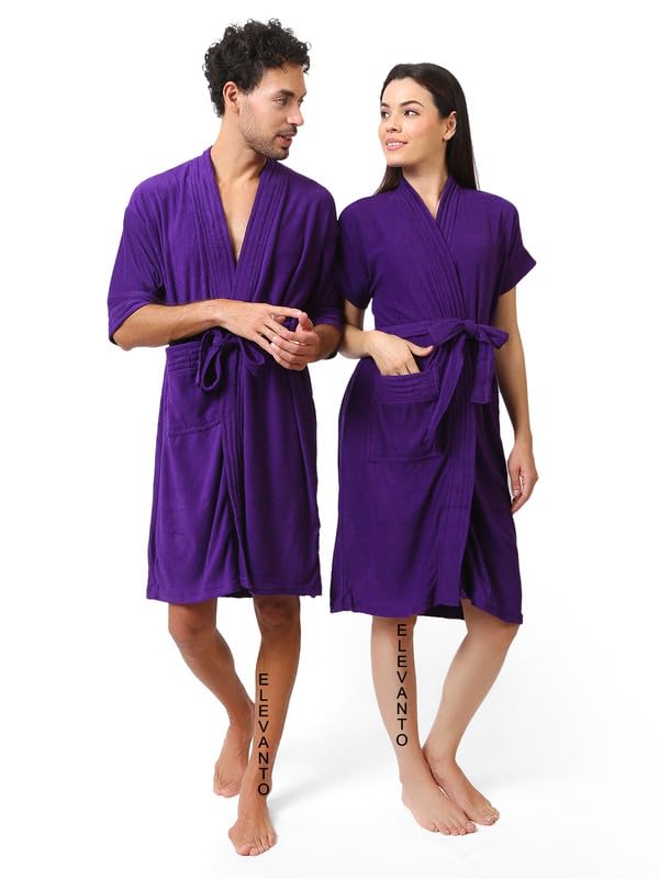 ELEVANTO bathrobe set for couples||Couple Bathrobes for Adults, Bathrobes for Women & Bathrobes for Mens, Half Sleeve And 3/4 Sleeve, 1 Pocket | Soft & Lightweight Comfort bath robe (PURPLE)