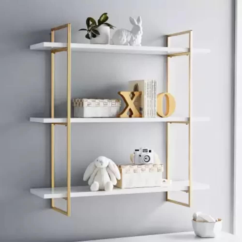 DDS Dream Decor Shoppee three Tier Metal & Engineered Wood Kitchen Rack Floating Shelves for Wall Décor Storage, Wall Shelves, Wall Mounted for Bedroom, Living Room, Bathroom (GOLD WHITE)