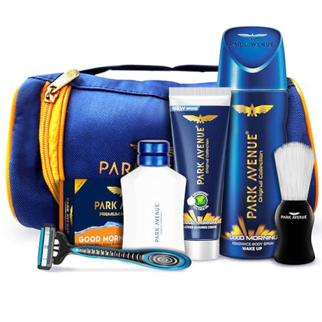 Park Avenue Good Morning Grooming Collection 7 in-1 Combo Grooming Kit for Men | Gift Set for Men | Father’s Day Gift for Dad | Shaving Kit for Men | Shaving Foam | After Shave | Gift Hamper for Men, Husband, Boyfriend | Free Travel Pouch Inside