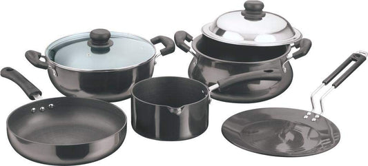 Vinod Black Pearl Hard Anodised Rasoi Cookware Set of 5 | Kadai, Frypan, Tawa, Handi & Saucepan | Natural Stick Free | Metal Spoon Friendly | Induction Base | 2 Year Warranty