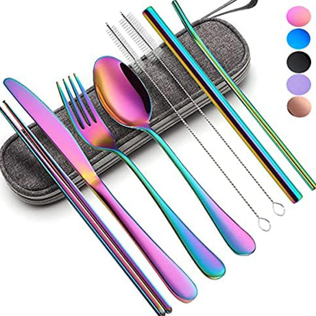 Portable Utensils Set,Reusable Travel Cutlery Set with Case Stainless Steel Flatware Set for Camping 8pcs Including Dinner Knife Fork Spoon Chopsticks Boba Straw (Rainbow)