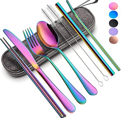 Portable Utensils Set,Reusable Travel Cutlery Set with Case Stainless Steel Flatware Set for Camping 8pcs Including Dinner Knife Fork Spoon Chopsticks Boba Straw (Rainbow)