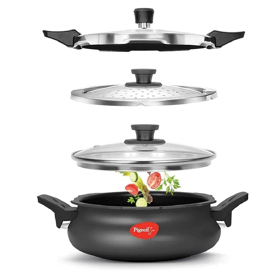 Pigeon By Stovekraft All in One Super Cooker Aluminium with Outer Lid Induction and Gas Stove Compatible 3 Litre Capacity for Healthy Cooking (Black)