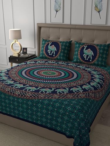 JaipurFabric® Cotton 180 TC Sanganeri Print Double Bedsheet with 2 Pillow Covers (90" X 108"), Green