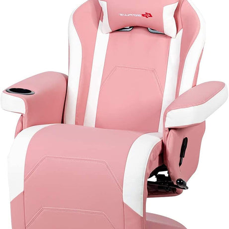 CHEFJOY Massage Gaming Chair, Reclining High Back Office Chair w/Adjustable Backrest & Footrest, PU Leather Swivel Ergonomic Computer Chair w/Side Pouch & Cup Holder for Adults (Pink)