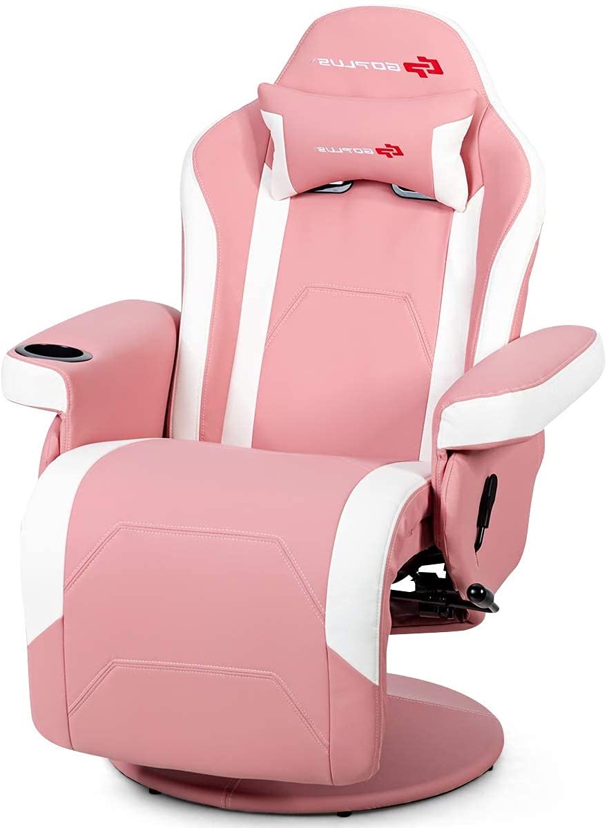 CHEFJOY Massage Gaming Chair, Reclining High Back Office Chair w/Adjustable Backrest & Footrest, PU Leather Swivel Ergonomic Computer Chair w/Side Pouch & Cup Holder for Adults (Pink)