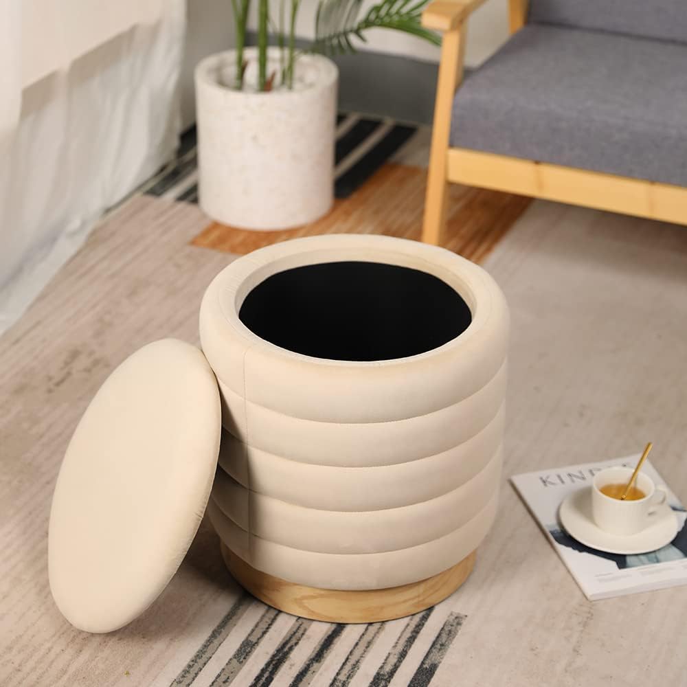 RIBAVARY Velvet Luxurious Round Ottoman Storage Box Dutch Velvet Pouffe Footstool, Footrest Vanity Stool with Lids for Bedroom Living Room Balcony Snack(Cream, Horizontal Line) (with Storage, Cream)