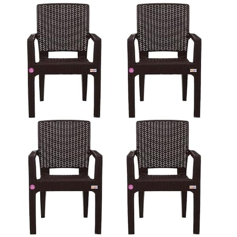 AVRO FURNITURE Plastic Rattan Chairs| Set of 4 | Plastic Chairs for Dining Room, Bedroom, Living Room | Comfortable Back |Curved Seating | Rattan Box Legs |Bearing Capacity up to 200Kg, Brown Colour