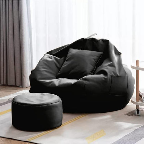 KAM'S LIEU Brand Soft Leatherette 4XL Bean Bag with Footrest and Cushion XXXXL Adult Size Chair (Black) | Filled with Beans BeanBag | 6 Months Warranty