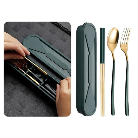 BISONBERG Premium Stainless Steel Spoon 3 Piece Set Spoon Fork Chopsticks for Gift Set with Gift Box Dinnerware Cutlery Set Tableware Set - Gold & Green