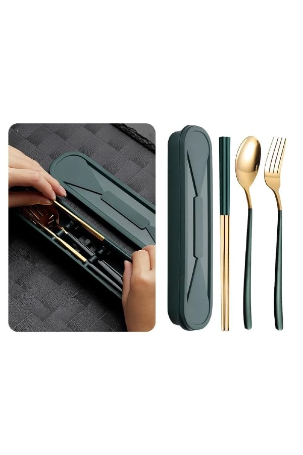 BISONBERG Premium Stainless Steel Spoon 3 Piece Set Spoon Fork Chopsticks for Gift Set with Gift Box Dinnerware Cutlery Set Tableware Set - Gold & Green