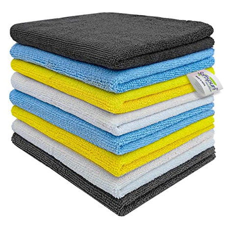 SOFTSPUN Microfiber Basic Cleaning Cloths, 8 pcs 40x40cms 280GSM Multicolor! Highly Absorbent Lint and Streak Free MultiPurpose Wash Cloth for Kitchen Car Window Stainless Steel Silverware.