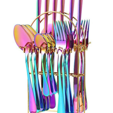 GRACIOUS MART 24-Piece Silverware Set Cutlery Set with Holder Premium Stainless Steel Flatware Set,Home Kitchen Restaurant Utensils, Mirror Polished,Dishwasher Safe (Rainbow)