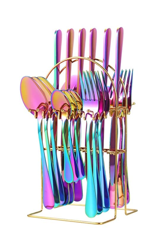 GRACIOUS MART 24-Piece Silverware Set Cutlery Set with Holder Premium Stainless Steel Flatware Set,Home Kitchen Restaurant Utensils, Mirror Polished,Dishwasher Safe (Rainbow)