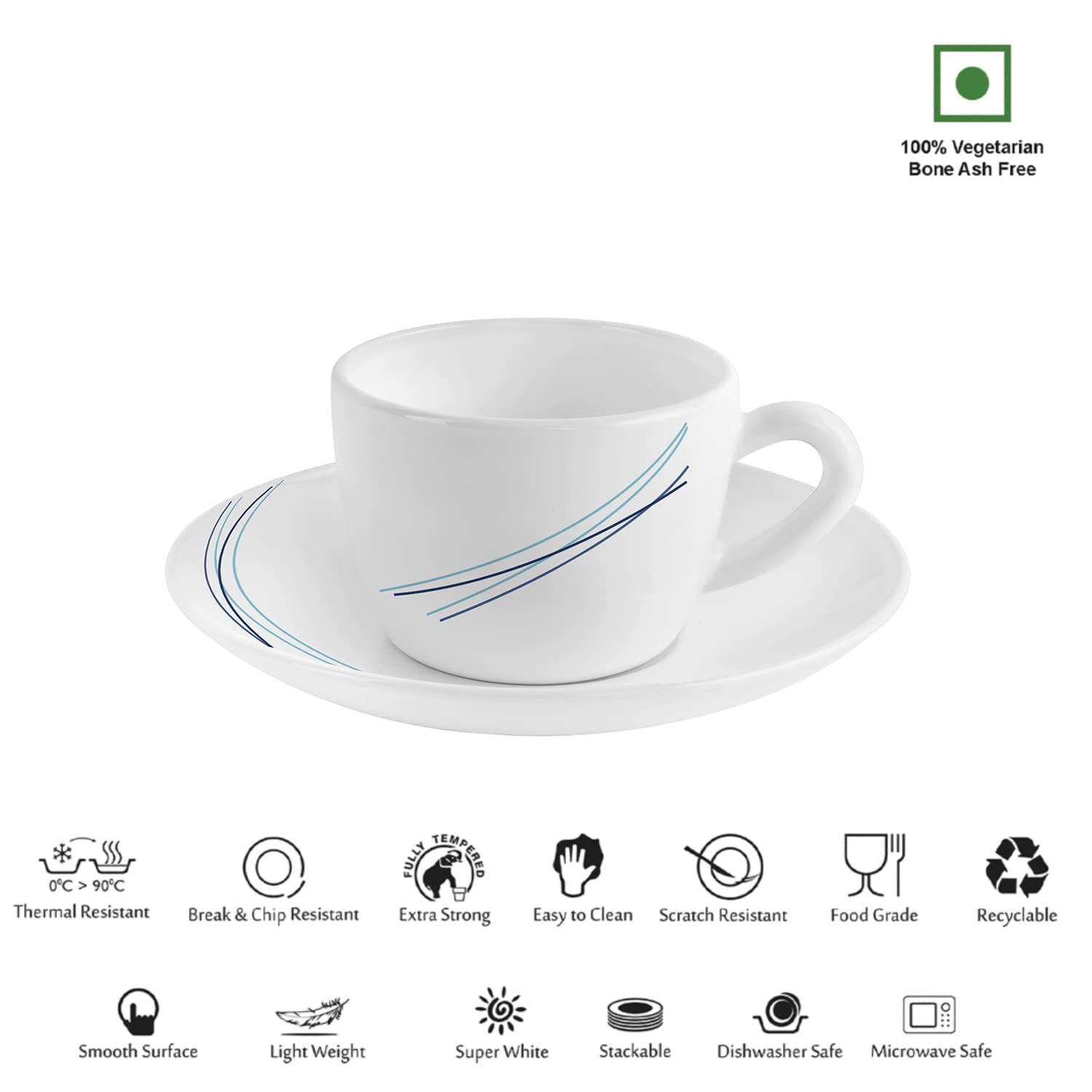 Cello Dazzle Queen Cup & Saucer 130 ml | Home and Kitchen Decor Items | Cups, Mugs and Saucer for Kitchen | Coffee Cup and Saucer Set | 6 Units | Cool Lines, White