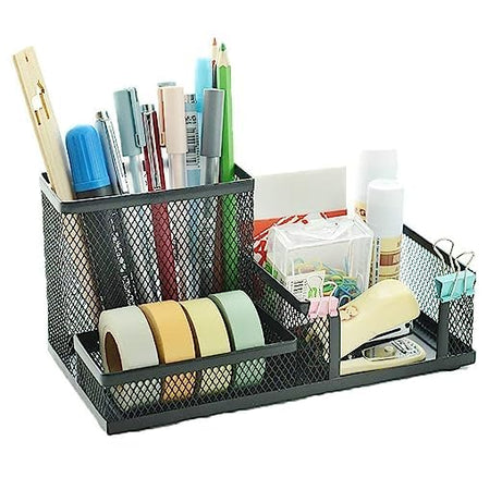 OFKY Mesh Stand Round Metal Stationary Organizer Desk for Office Table Pencil Pen Daily Things Storage Holder with 3 Compartment (3 Compartment)