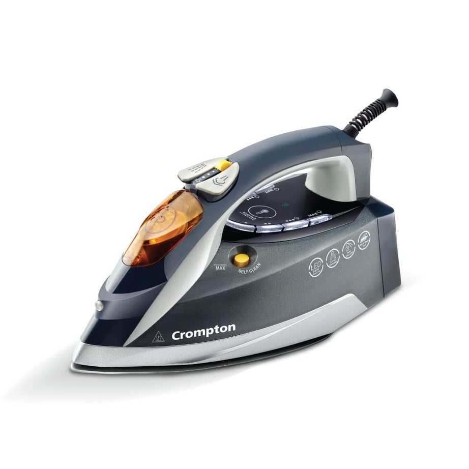 Crompton FabriAutoTech 2200 Watt Steam Iron|Feather Touch Digital LED Fabric Temperature Control|3 Ways Auto Shut-off|Scratch Resistant Ceramic Coating| 400 Ml water Tank|Anti-Drip|Self Clean Function