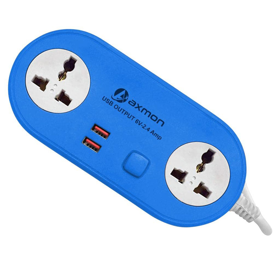 Axmon® Extension cord with USB Port [FIRE Resistant] [2 Socket With 2 USB Charging Ports] 6V-2.4 Amp Heavy Duty Extension Board for Home Office with [2.5 Meter Power Cord] - (2+2)BLUE