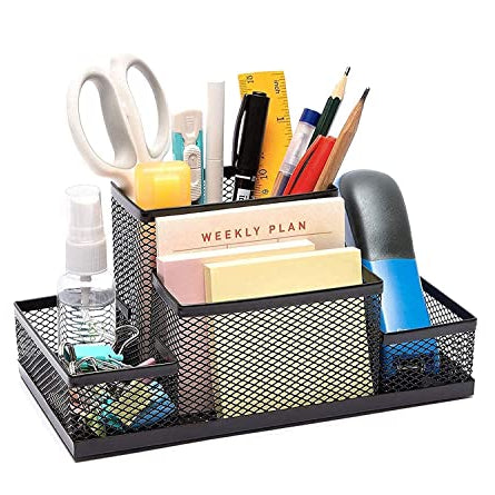 Evercozy Compartment Metal Mesh Desk Organizer Stationary Storage Stand Pen, Pencil Holder For Office, Home, And Study Table (4 Compartment), Black