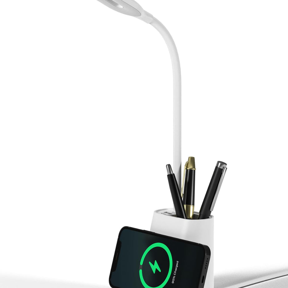 Xech Table Lamp With Wireless Charger And Pen Stand With Usb Charging Ports Multifunctional Touch Lamp For Study 3 Colour Tones Desk Light For Home Offices Students (Quest Pro) (White) - Led