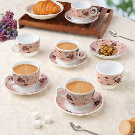 Larah by Borosil Rosa Brown Opalware Cup and Saucer Set of 12 pcs | Tea/Coffee Cups 220 ml | Microwave & Dishwasher Safe | Bone-Ash Free | Crockery Set Ideal for Daily Use & Gifting, White