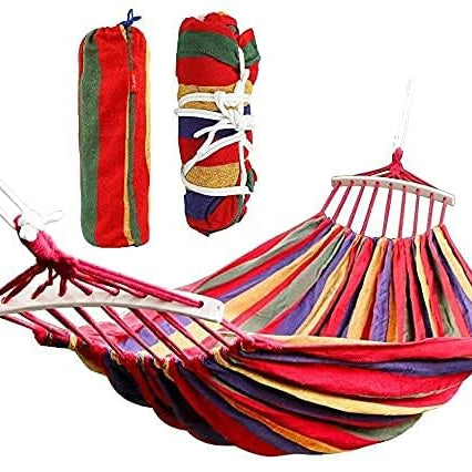 DIKPUL GROUP Canvas Foldable Hammock 260 x 150 cm Camping Prevent Rollover Hanging Swing Bed RED Rainbow Color with Wooden Stick Single Person Hanging Bed Perfect for Garden, Backyard, Camping