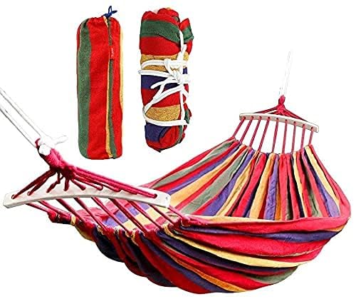 DIKPUL GROUP Canvas Foldable Hammock 260 x 150 cm Camping Prevent Rollover Hanging Swing Bed RED Rainbow Color with Wooden Stick Single Person Hanging Bed Perfect for Garden, Backyard, Camping