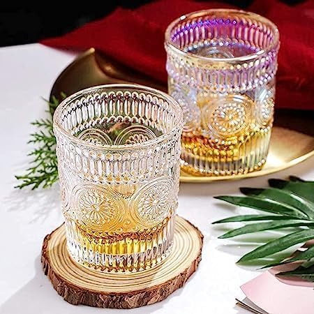 KDR Premium Embossed Romantic Water Glassware Drinking Glass Tumblers Set for Juice, Cocktail, Beverages, Beer, Whiskey (Transparent) - Set of 2