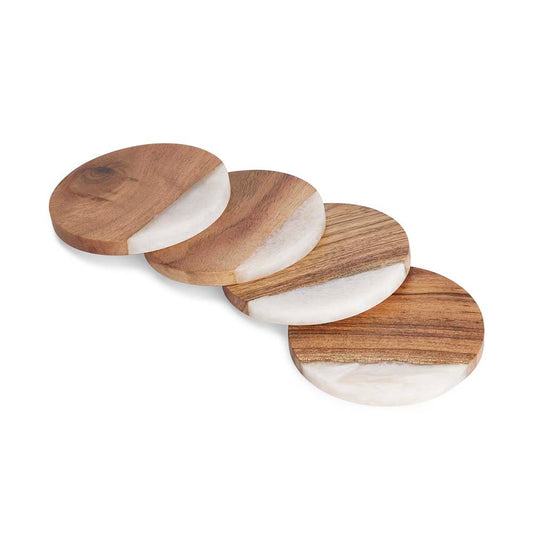 Haus & Kinder Resin and Acacia Wood Coaster Set of 4 | Round Coaster Set for Kitchen Dining Table Decor Accessories for Hot Pots and Cups (10cm x 10cm) | White & Natural