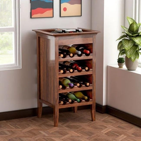 Reliable Furniture Wooden Bar Cabinet for Home | Solid Wood Make Wine Storage Cabinet with Glass Hanging Space (Brown Finish)