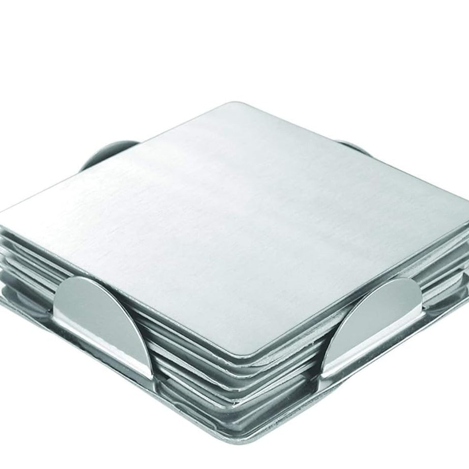 RIWAYAT STEEL | Stainless Steel | Square Coasters for Tea and Coffee Mugs | Durable, Non-Slip Drink Coasters for Home, Office, and Bar | Coaster Set of 6 with holder