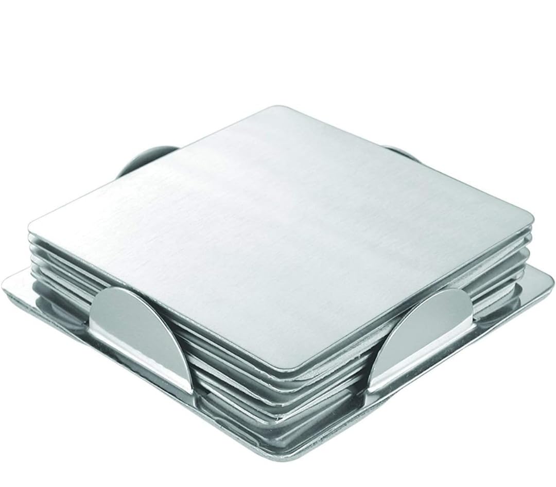 RIWAYAT STEEL | Stainless Steel | Square Coasters for Tea and Coffee Mugs | Durable, Non-Slip Drink Coasters for Home, Office, and Bar | Coaster Set of 6 with holder