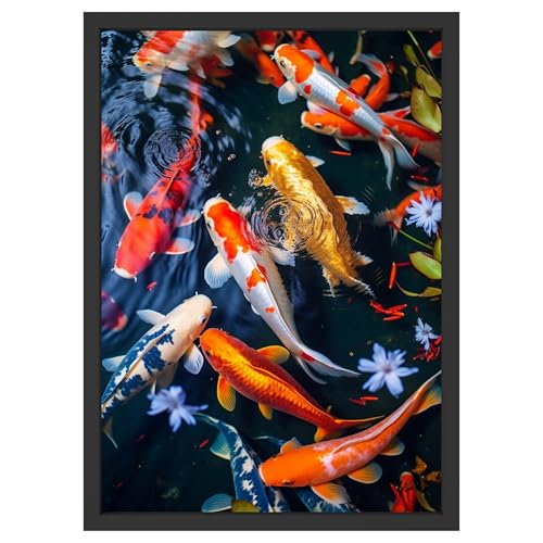 Kayas Collection Japanese Koi Fish For Luck Wall Art, Vastu, 9x13 Inches, Black Frame