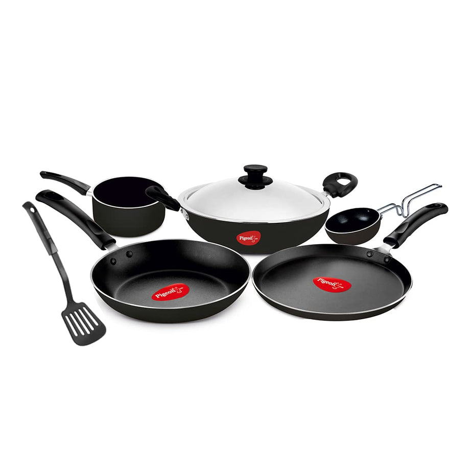 Pigeon Favourite 7 piece Gift Set Non-Stick Coated Comes with Fry Pan, Kadhai, Lid, Sauce Pan, Spatula, Tadka Pan and a Tawa - Gas Stove Compatible (Black)