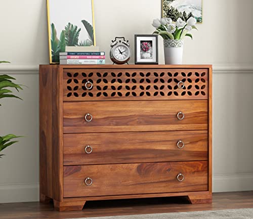 KUSUM HANDICRAFTS Solid Sheesham Wood Wooden Chest of Drawers with 4 Drawer Storage | Multipurpose Storage Cabinet Rack for Bedroom Home Living Room (Design 1, Honey Finish)