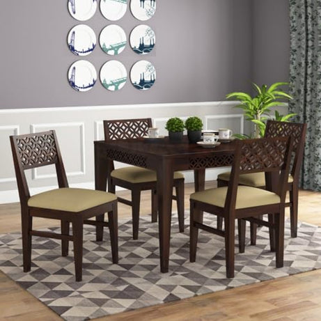 SONA ART & CRAFTS Solid Sheesham Wood Dining Table 4 Seater Dining Table Set with 4 Cushion Chairs Dinner Table Set for Dinning Room Home Hotel and Restaurants (Walnut Finish)