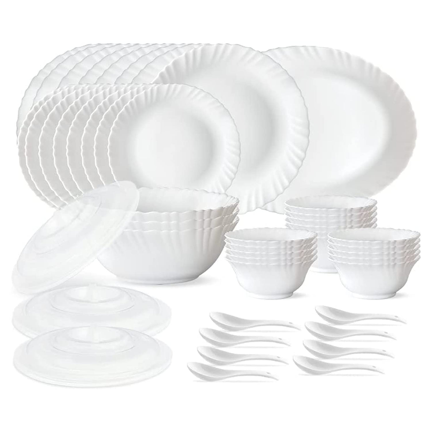 Larah by Borosil Plain White Silk Series Opalware Dinner Set | 47 Pieces for Family of 8 | Microwave & Dishwasher Safe | Bone-Ash Free | Crockery Set for Dining & Gifting | Plates & Bowls | White