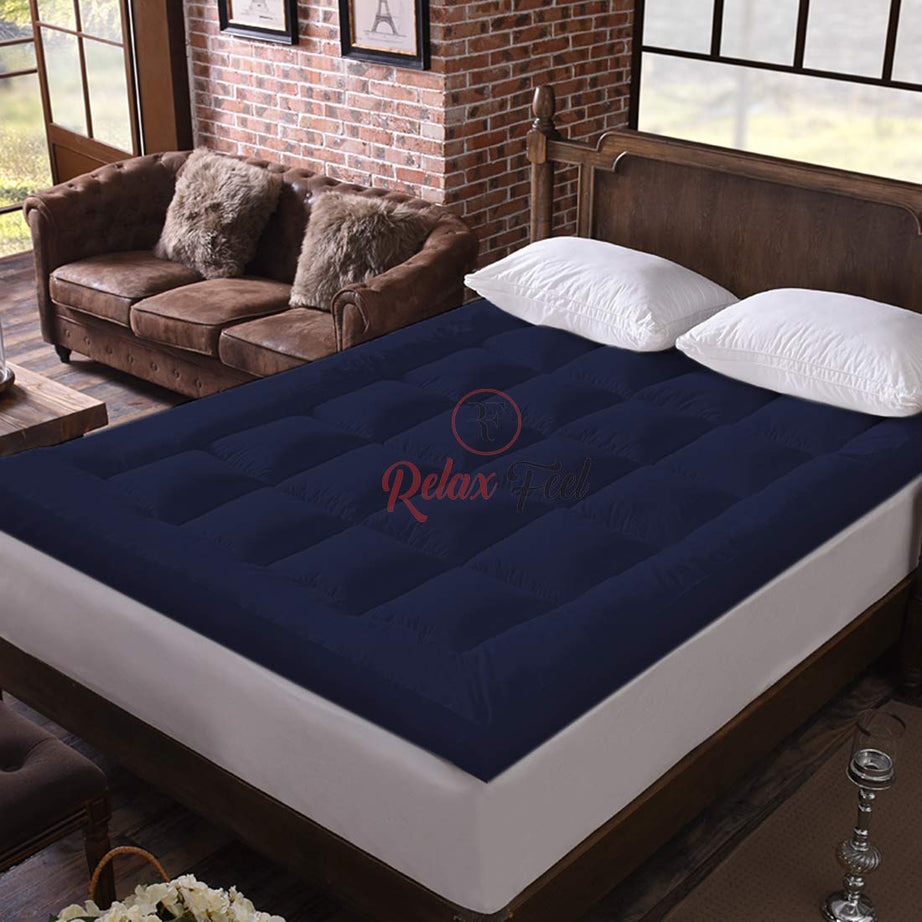 Relaxfeel 600 Gsm Microfiber 5 Star Cotton king Size Bed Soft Waterproof Quilted Mattress Topper/Padding for Comfortable Sleep - Navy Blue - King Size - 72 Inche X 78 Inche