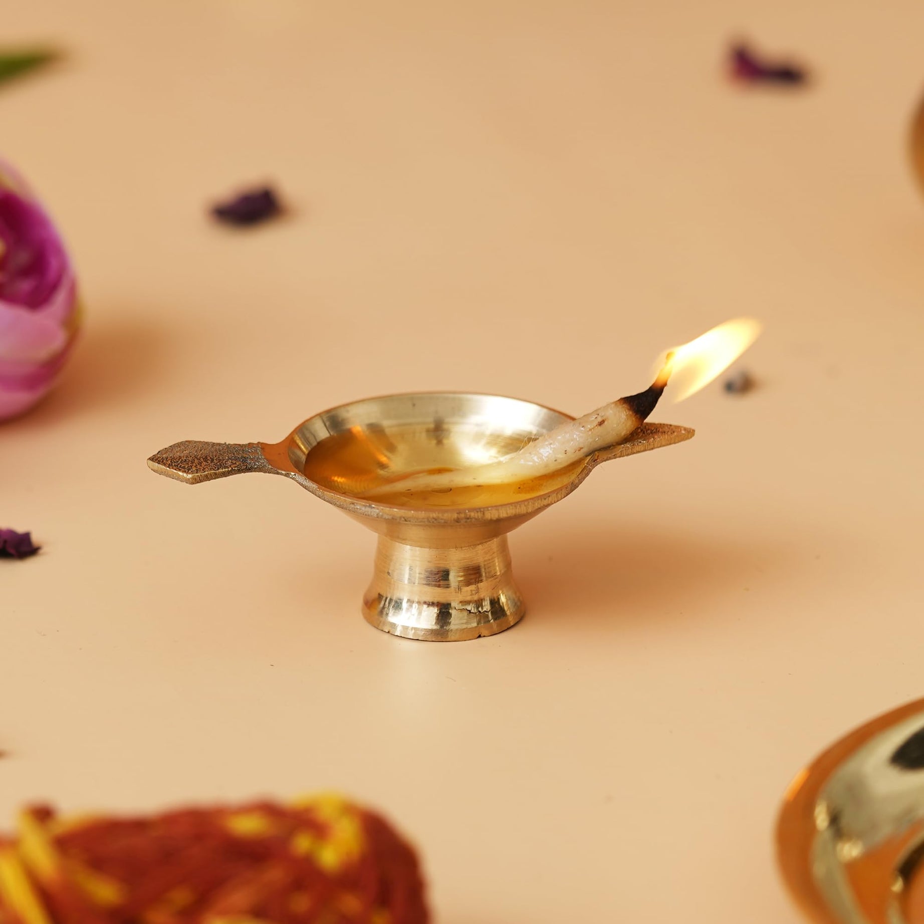 eCraftIndia Golden Decorative Brass Diya with Stand and Holder