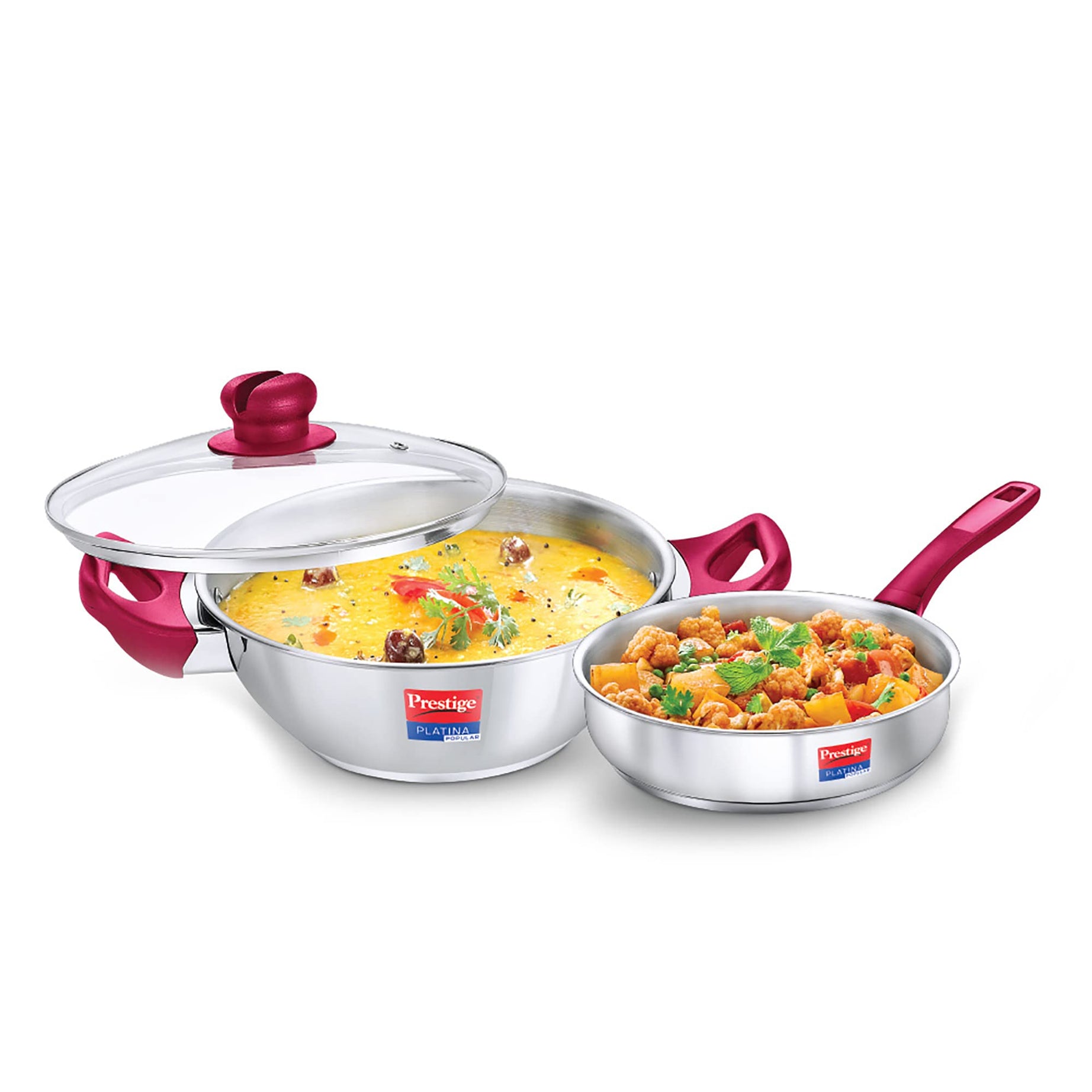 Prestige Stainless Steel Platina Popular Gas Compatible Fry Pan, 24 Cm (2.25 L) + Platina Popular Kadai with Glass Lid, 24 Cm (2.8 L) Kitchen Set