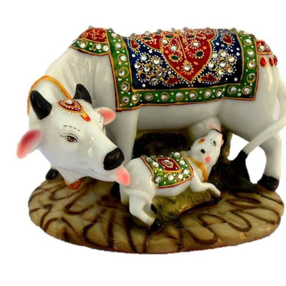 J JIYANSH CREATION Creation Dust Polyresin Decorative Marble Kamdhenu Cow and Calf Big Handcrafted Statue, 6-inch, Multicolour.