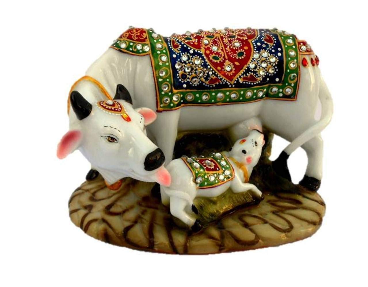 J JIYANSH CREATION Creation Dust Polyresin Decorative Marble Kamdhenu Cow and Calf Big Handcrafted Statue, 6-inch, Multicolour.