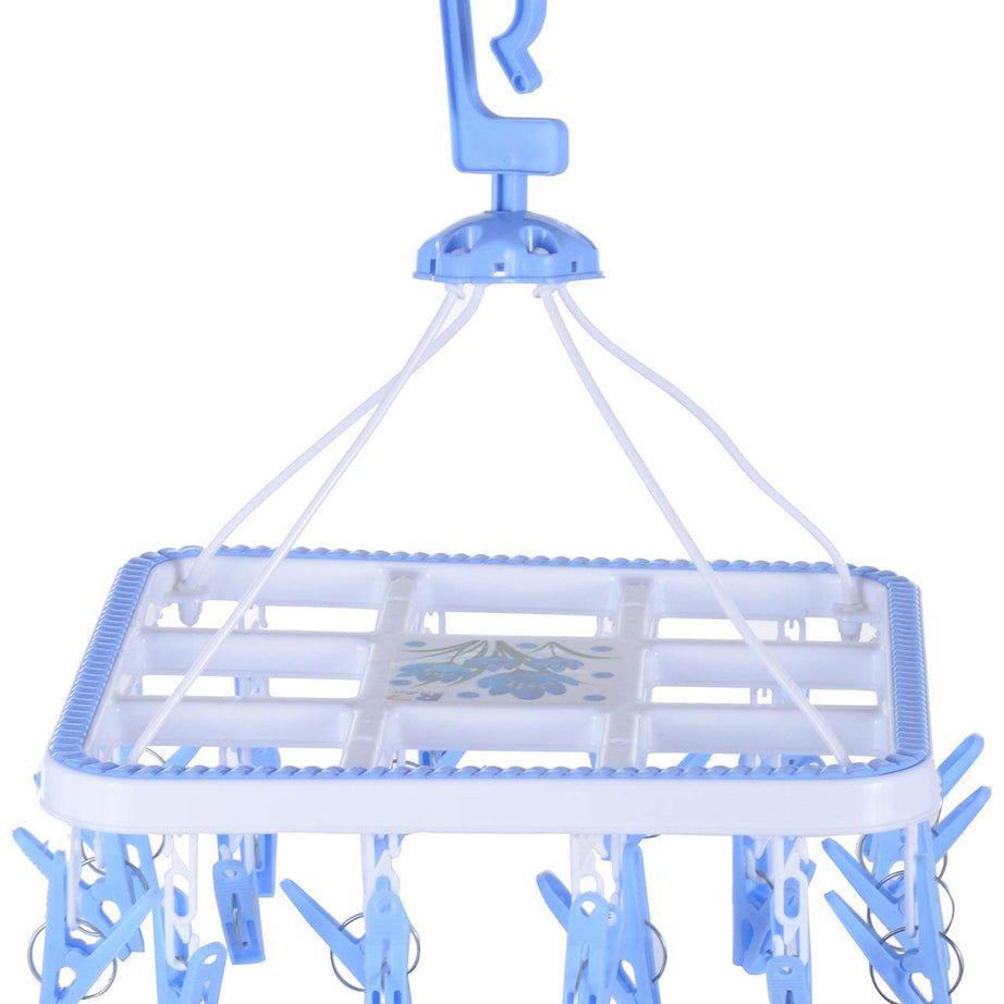 RJ Rojeno Plastic Cloth Drying Stand Hanger with 24 Clips/pegs, Baby Clothes Hanger Stand, Blue or Pink, Set of 1