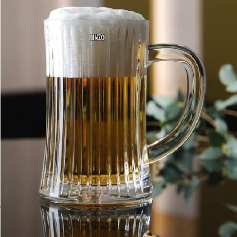 BINZO Glass Premium Beer Mugs with Handle, 500 ml, Set of 2, Line Design Large Heavy Beer Mug for Drinking Wheat Beer, Stein, Ale, Multi Use Freezer Safe Mug, Pack of (2)