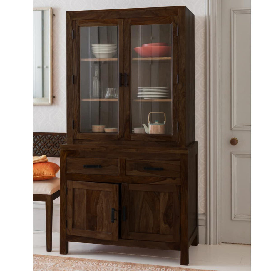 Angel Furniture Sheesham Wood Kitchen Buffet | Hutch Cabinet : Elegant Storage Solution with Glass Doors and Drawers | Crockery Cabinet | Walnut Finish