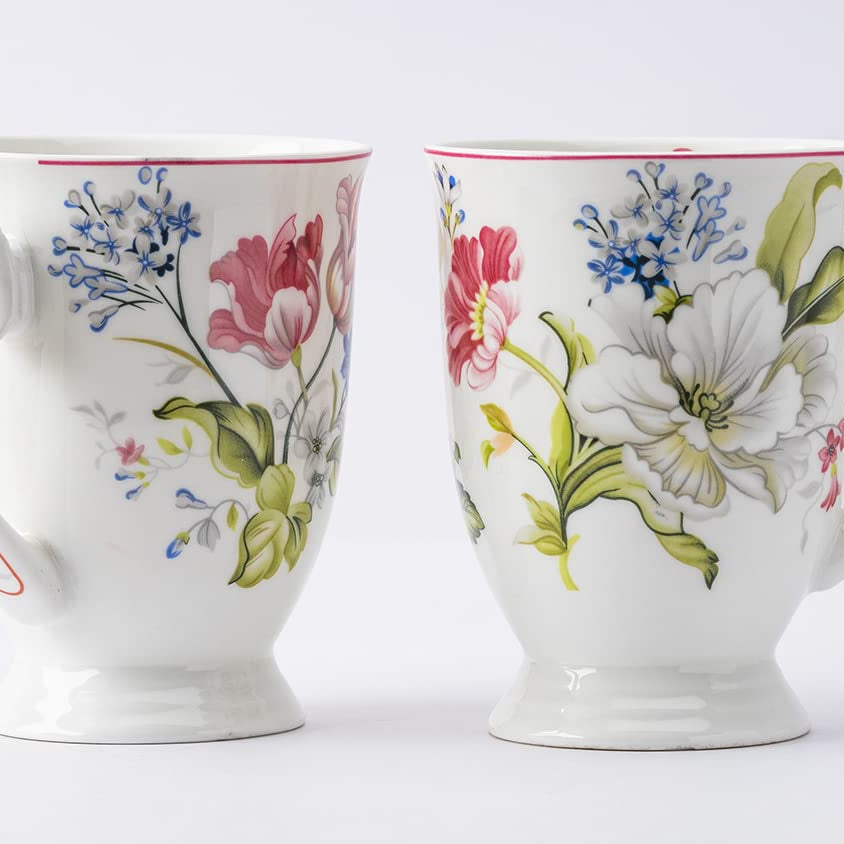 GOLDEN QUEEN'S Footed Series - Bone China Milk & Coffee Mug, 300 Ml - Set of 2 (White & Pink Floral)