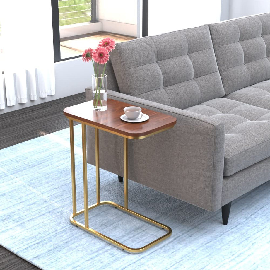 DECOWORLD|| Premium Side Table || Metal Side Table with Wooden Top || Side Table for Living Room, Sofa Side Table or Bed Side Stand (Golden)