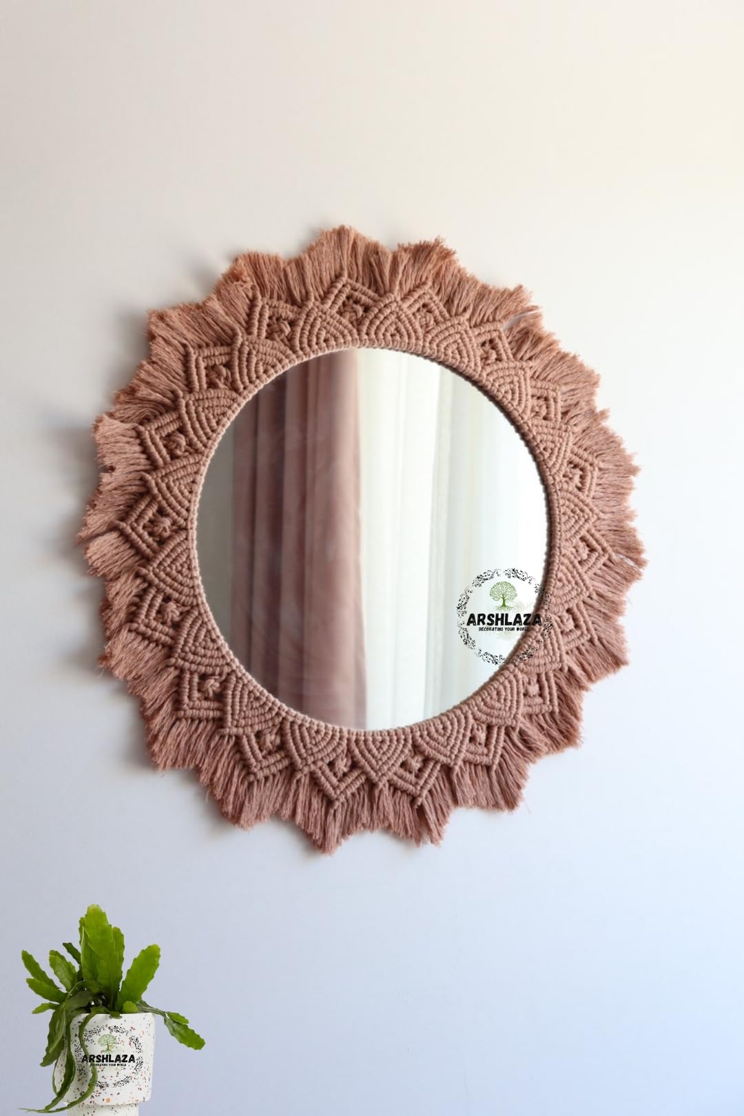 ARSHLAZA Macrame Hanging Wall Mirror with Macrame Round Mirror Art Boho Decor Macrame Decorative Mirror [MBFOOL] Framed BROWN