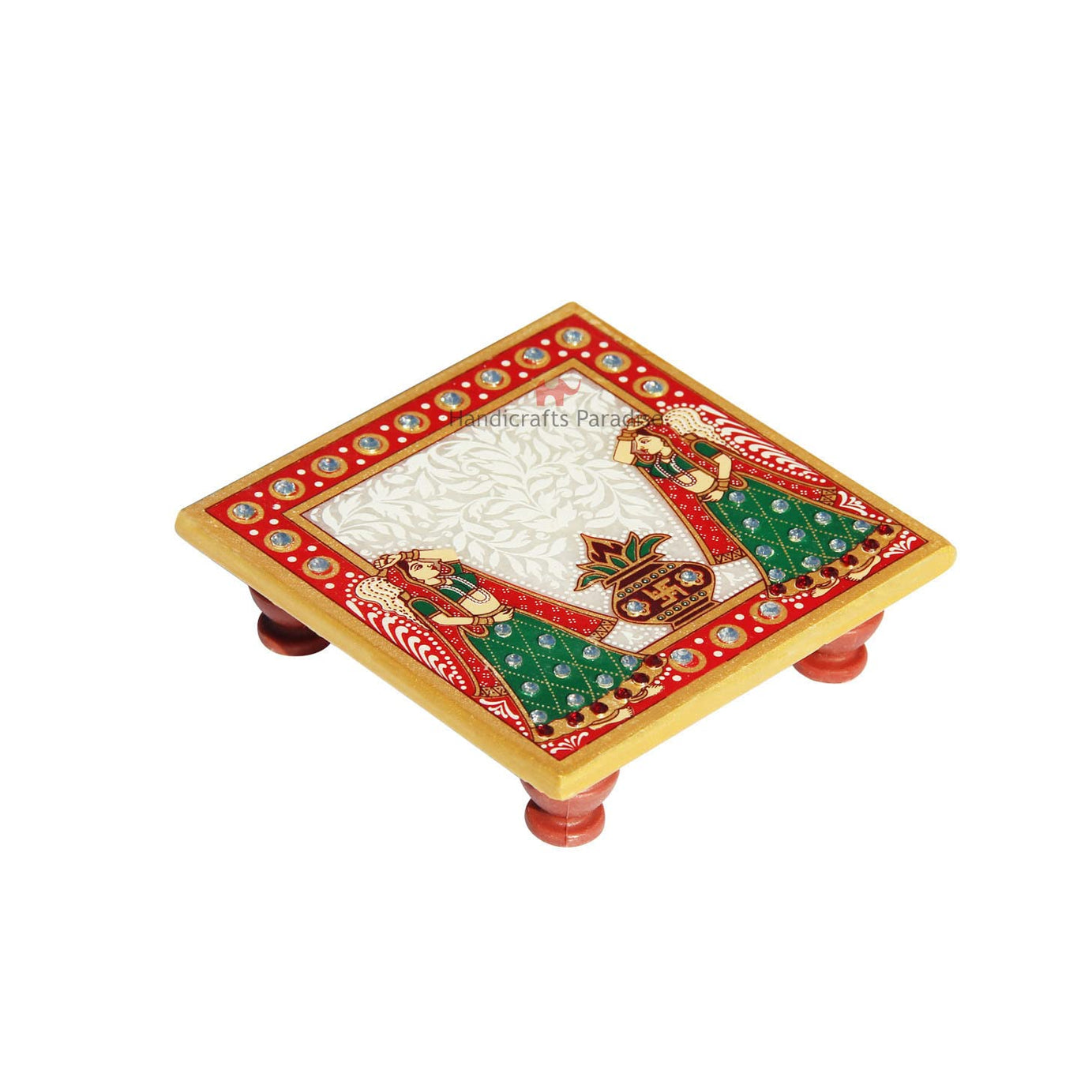 Handicrafts Paradise Kalash Design Marble Pooja Chowki (10.2 cm x 10.2 cm x 2.55 cm)